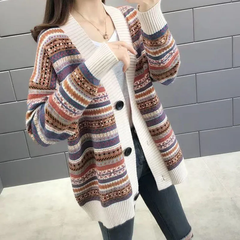 Ethnic Style Spliced Striped Ladies Sweaters Plus Size V-Neck Thick Autumn Winter Screw Thread Single Breasted All-match Loose