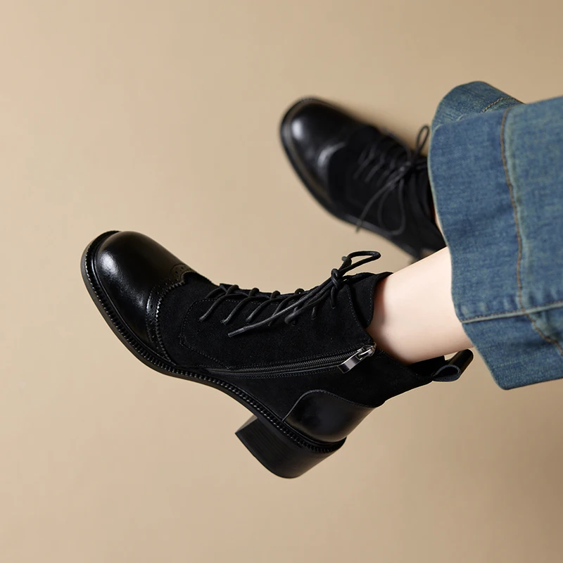 2026winter women ankle boots natural leather plus size 22-26cm cowhide+cow suede round toe thick heel retro side zip short boots