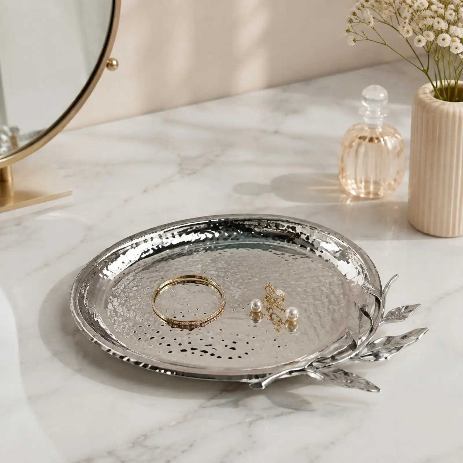 Silver Copper Elliptical Tray Decorative Elliptical Tray with Leaf and Branch Details Textured for Coffee Table, Display Area,