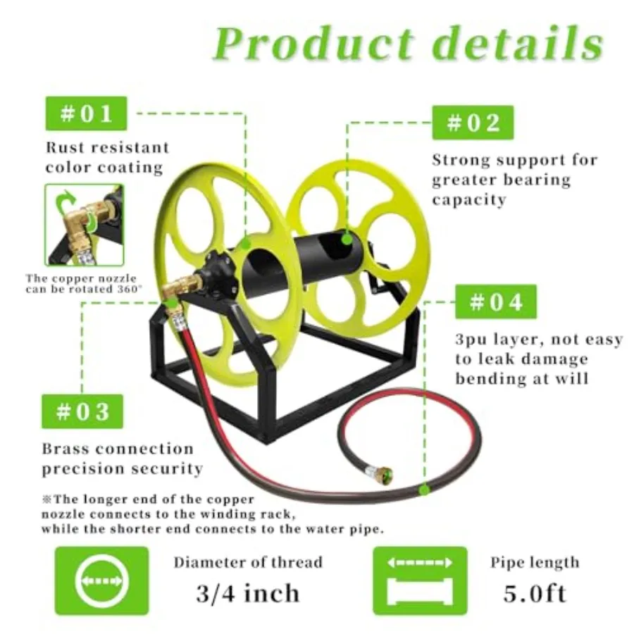 헤비 듀티 정원 호스 릴, 크랭크 핸들 포함, 5/8 호스용, 벽 또는 바닥 장착 가능, 금속 디자인, 최대 400피트 호스 수용 가능
