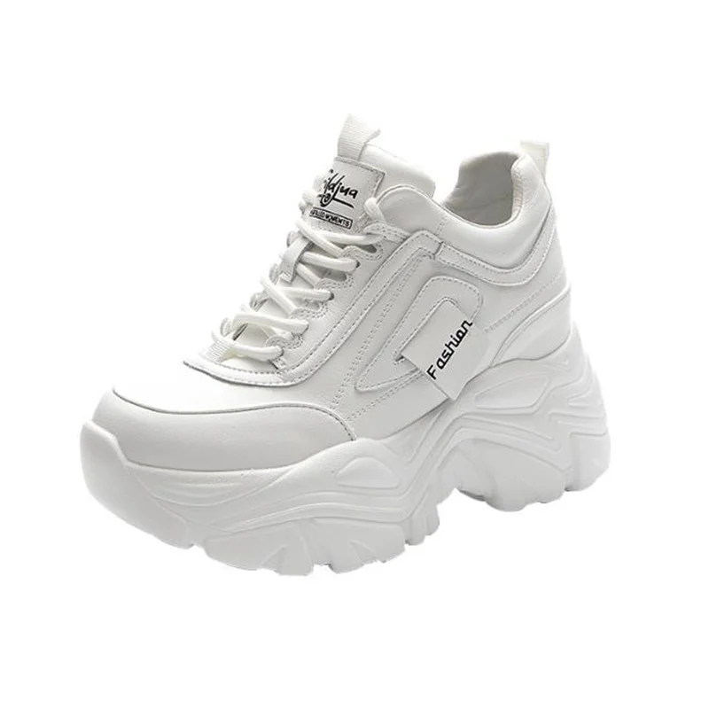 9cm Genuine Leather Platform Wedge Hidden Heel Women Casual Shoes Chunky Sneakers Elevating platform leather daddy shoes