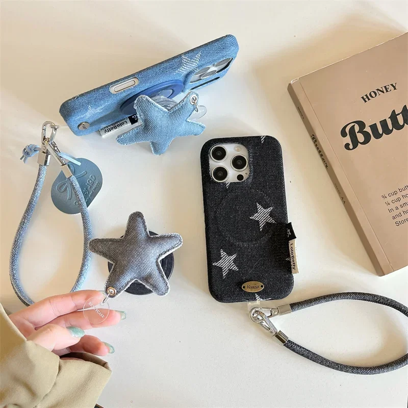 

Fashionable Denim Perforated Star Magnetic Bracket for IPhone 17 16 15 14 13Promax Phone Case Hanging Rope Protective Cover