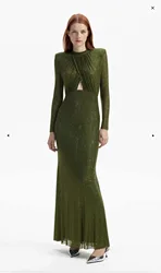 Women Rhinestones O-Neck Long Sleeve Slim Hollow Out Event Maxi Dress