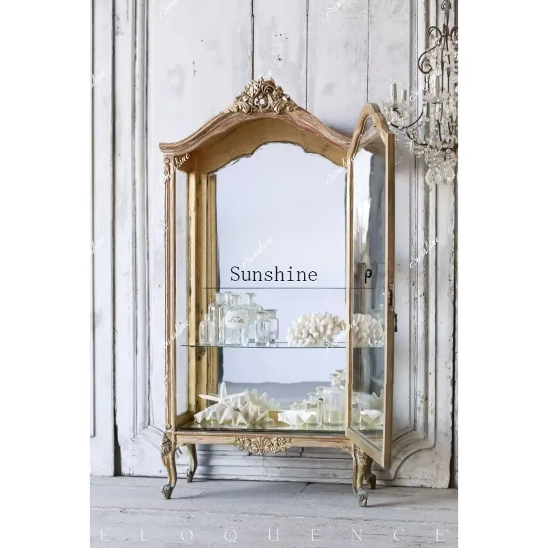 French solid wood carving flower edge rural retro glass door display wine cabinet simple and modern  FT