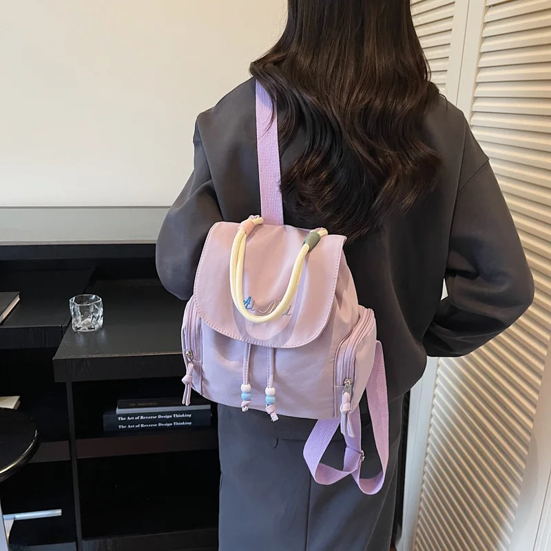 Cute Drawstring Flap Mini Backpack, Beaded String Decor Small Tote Bag with Top Handle,Casual Shoulder Bag for Student Outdoor