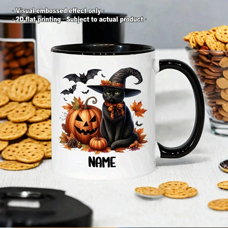 Personalized Halloween Themed Ceramic Mug Custom Name 11oz Coffee Cup Featuring Black Cat and Jack O Lantern Design 5