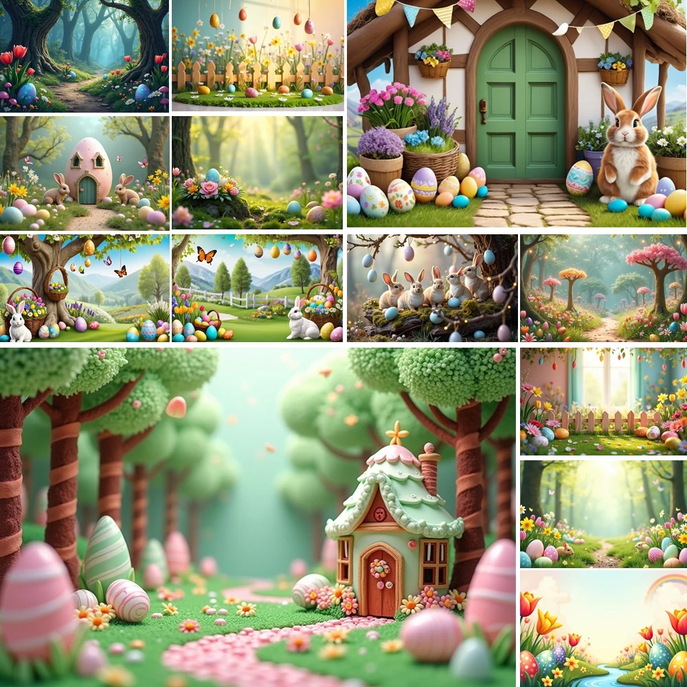 

MOON.QG Easter Cottage Scene Photo Background Rabbit Rainbow Floral Clusters Backdrop Kids Decoration Photocall Studio Photozone