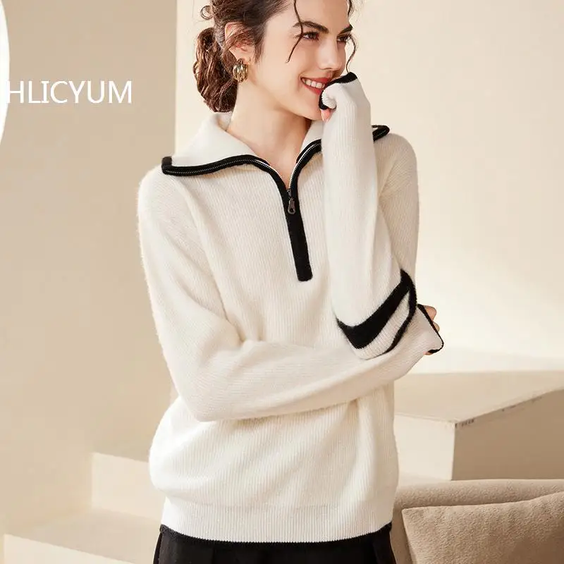 

Women's 100% Pure Cashmere Sweater Casual Splicing Knitted Hoodie Loose Zipper Jumper Thick Autumn/Winter Turn down Collar Top