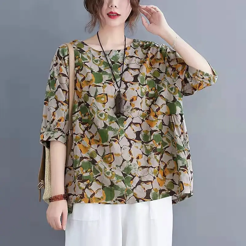 Vintage Printed O-Neck Casual Short Sleeve Floral Blouses Women's Clothing 2024 Summer New Loose All-match Tops Commuter Shirts