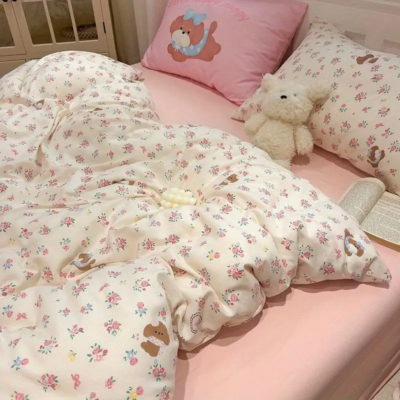 Pink Girls Bedding Set No Filler Ins Korean Style Summer Duvet Cover Flat Sheet Pillowcases Fashion Single Queen Size Bed Linens