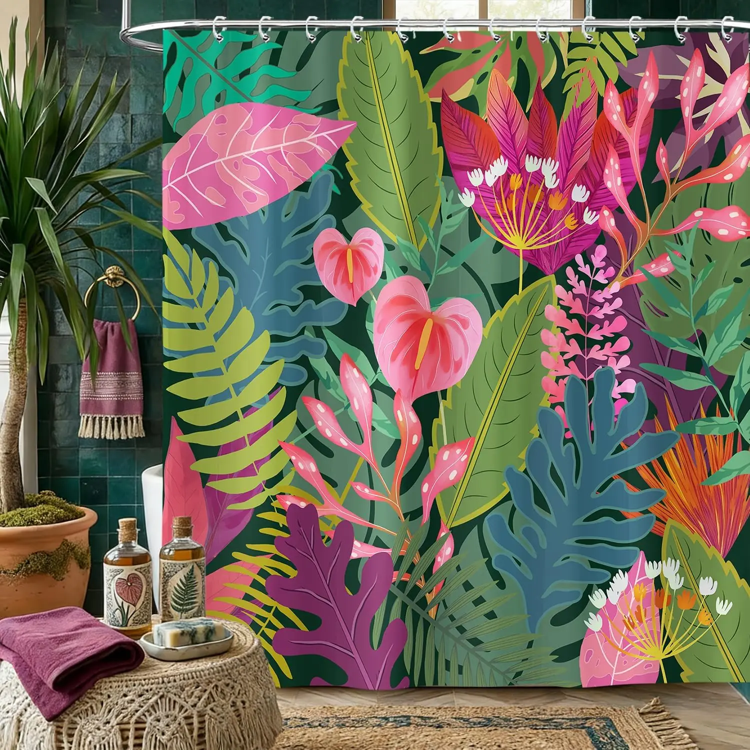 Boho Tropical Floral Shower Curtain Watercolor Pink Leaves Jungle Plant Farmhouse Bathroom Decor Fabric Bath Curtain with Hooks