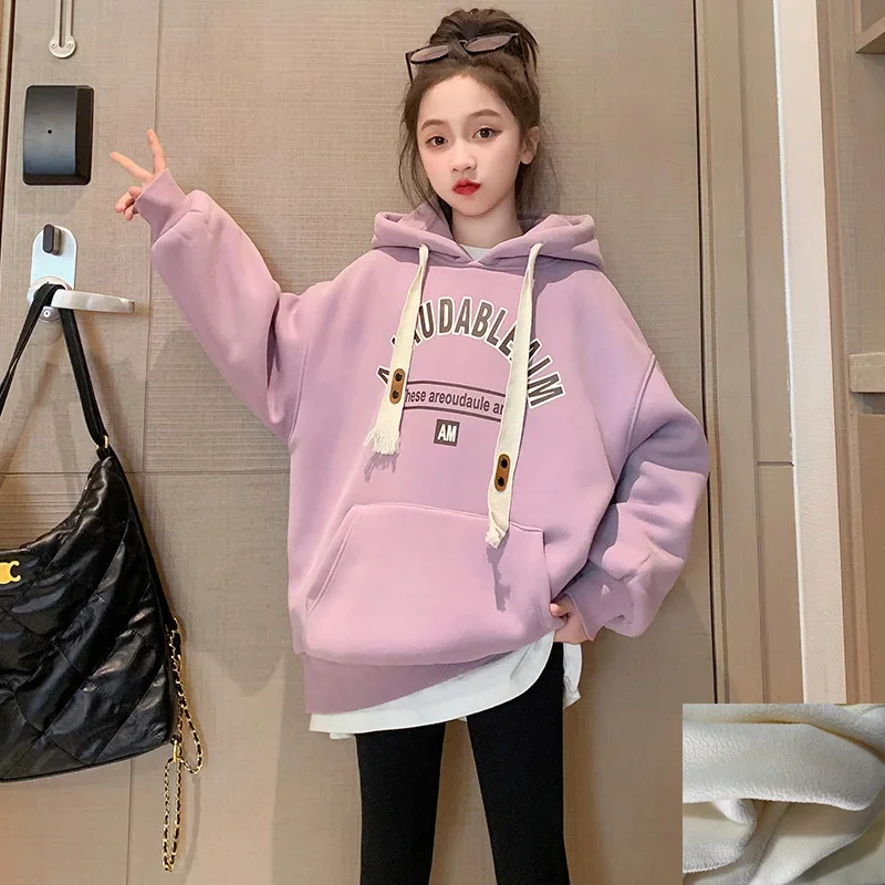 Warm Girls Winter Cotton Alphabet Fleece Lined Workout Sweatshirt Jacket School Kids Track Hoodie Coat Child Jumper Tops 3-16Yrs