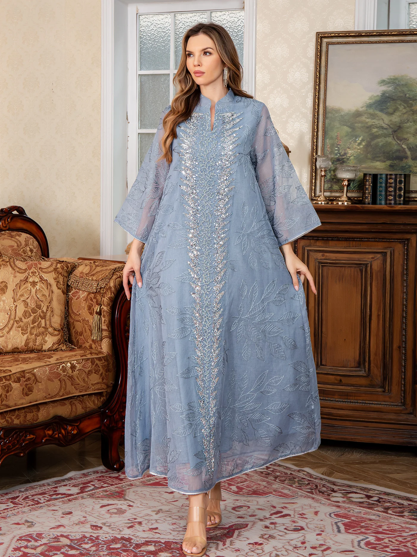 

New Arrival Muslim Mesh Embroidered Robe Middle East Costume Party and Dinner Fit abaya Dubai Long Dress abaya Beaded Robe