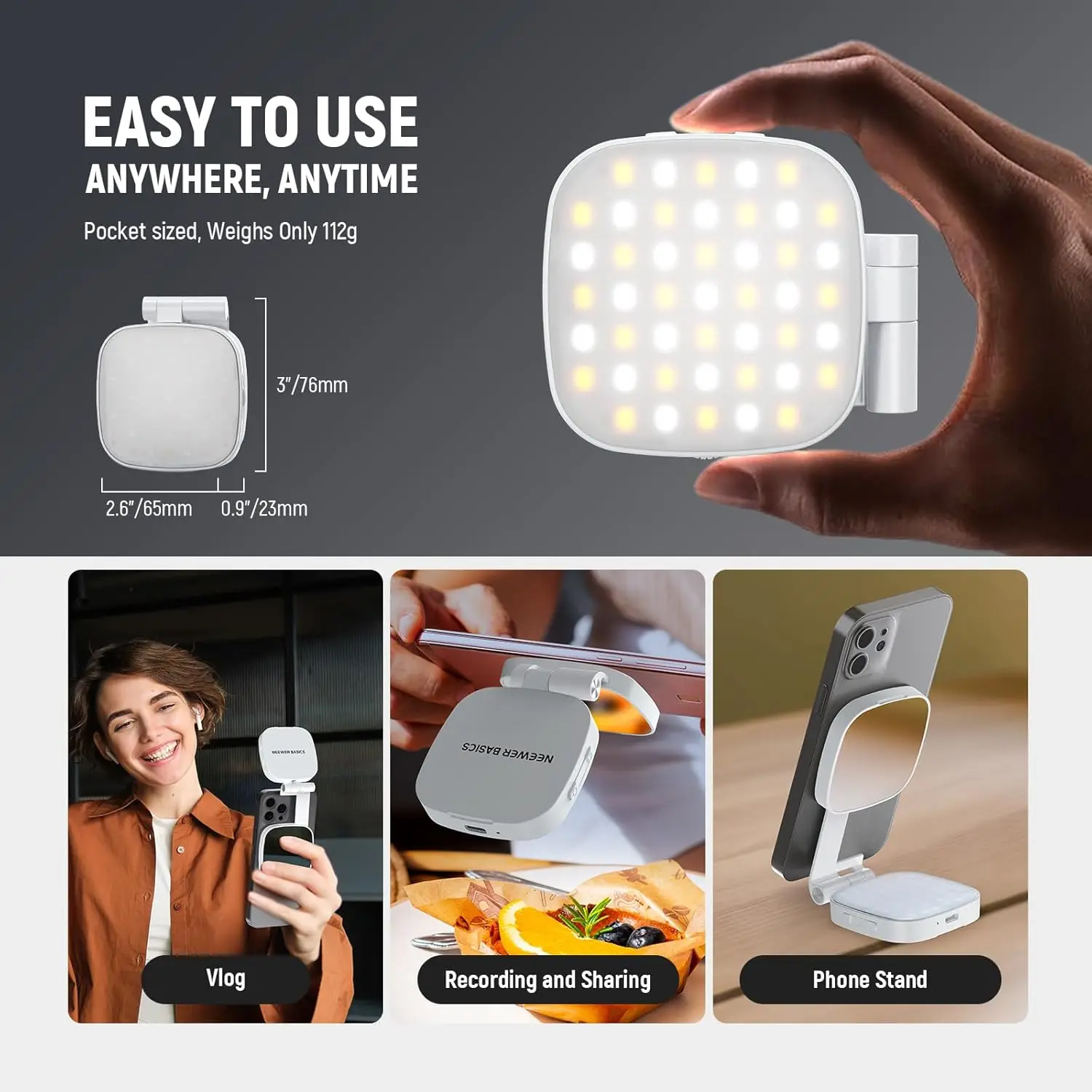 NEEWER Basics Magnetisches Selfie-Licht, 2 W, CRI95+, zweifarbig, schwenkbar, kleine LED-Telefon-Füllbeleuchtung für MagSafe iPhone – Detail 7