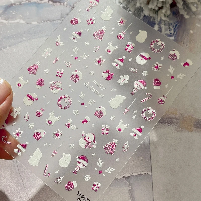 Autocollant de noël pour Nail Art, 1 pièce, feuille de lumière des étoiles en relief, dessin animé mignon bonhomme de neige, cloches d'arbre de noël, autocollants décoratifs multicolores