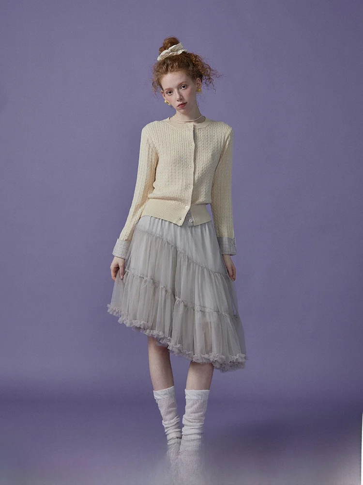 

Sauce Purple Plaid Splicing Knitted Hollow out Skirt Long Sve round Ne Woolen Women's Cardigan Spring Faion