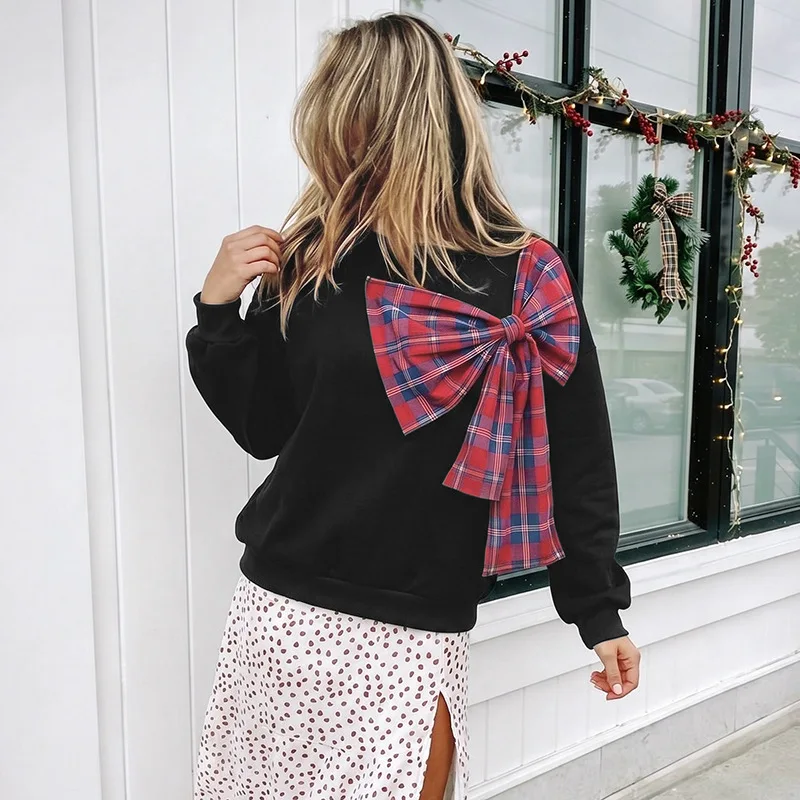 Women Fleece Lined Sweatshirt Autumn Winter Round Neck Plaid Bow Patchwork Loose Long‑Sleeve Pullover Top