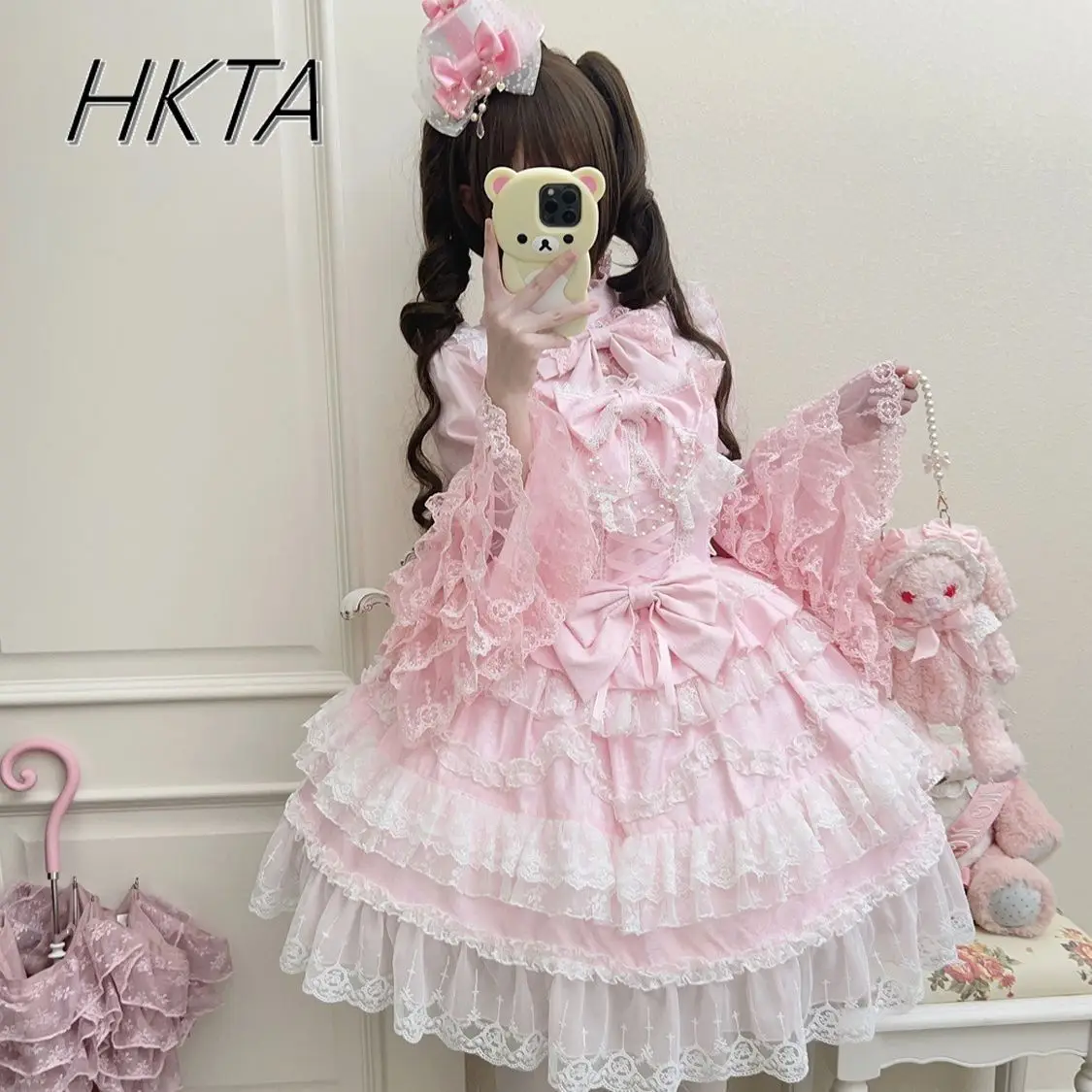 

Lolita Sweet Cute Flower Wedding Princess Set Bow Lace Stand Up Collar Horn Sleeve Shirt Ladies Waist Cake Suspender Dress Women