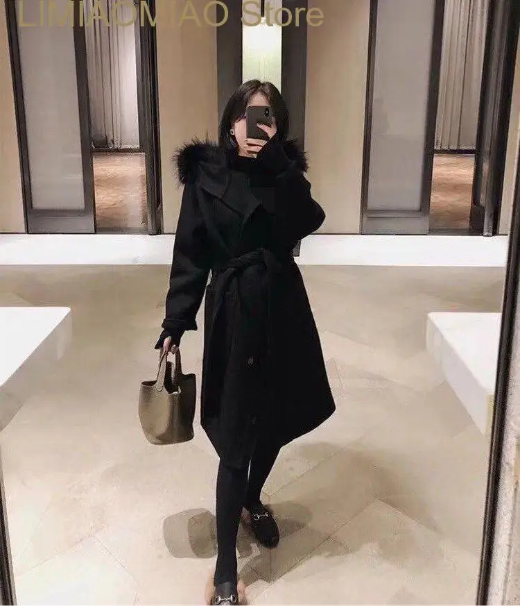 

Nen Longer style hooded wool coat with real fox fur collar women's winter warm cashmere coats oversize sashes cloak