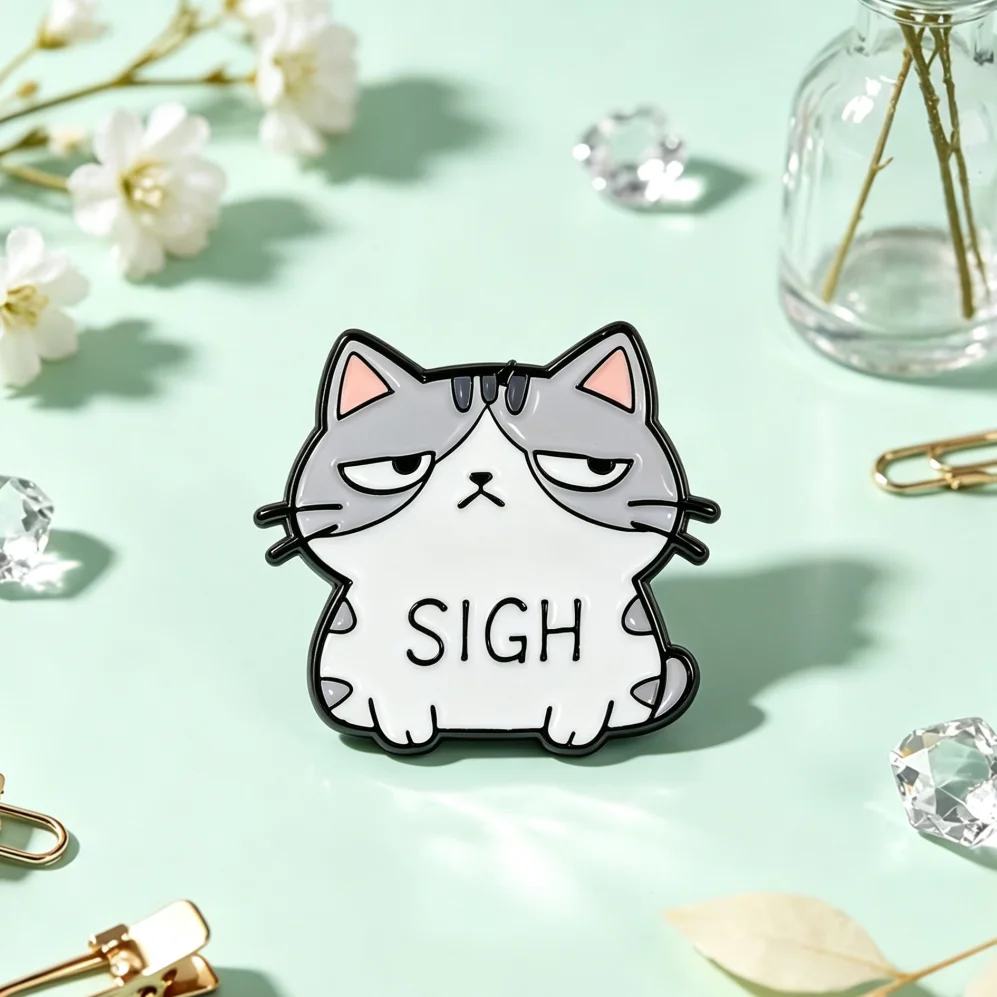 Grumpy Sigh Cat Enamel Lapel Pin Moody Lazy Grey White Kitten Cartoon Animal Metal Badge Pet Lover Backpack Decor Gift