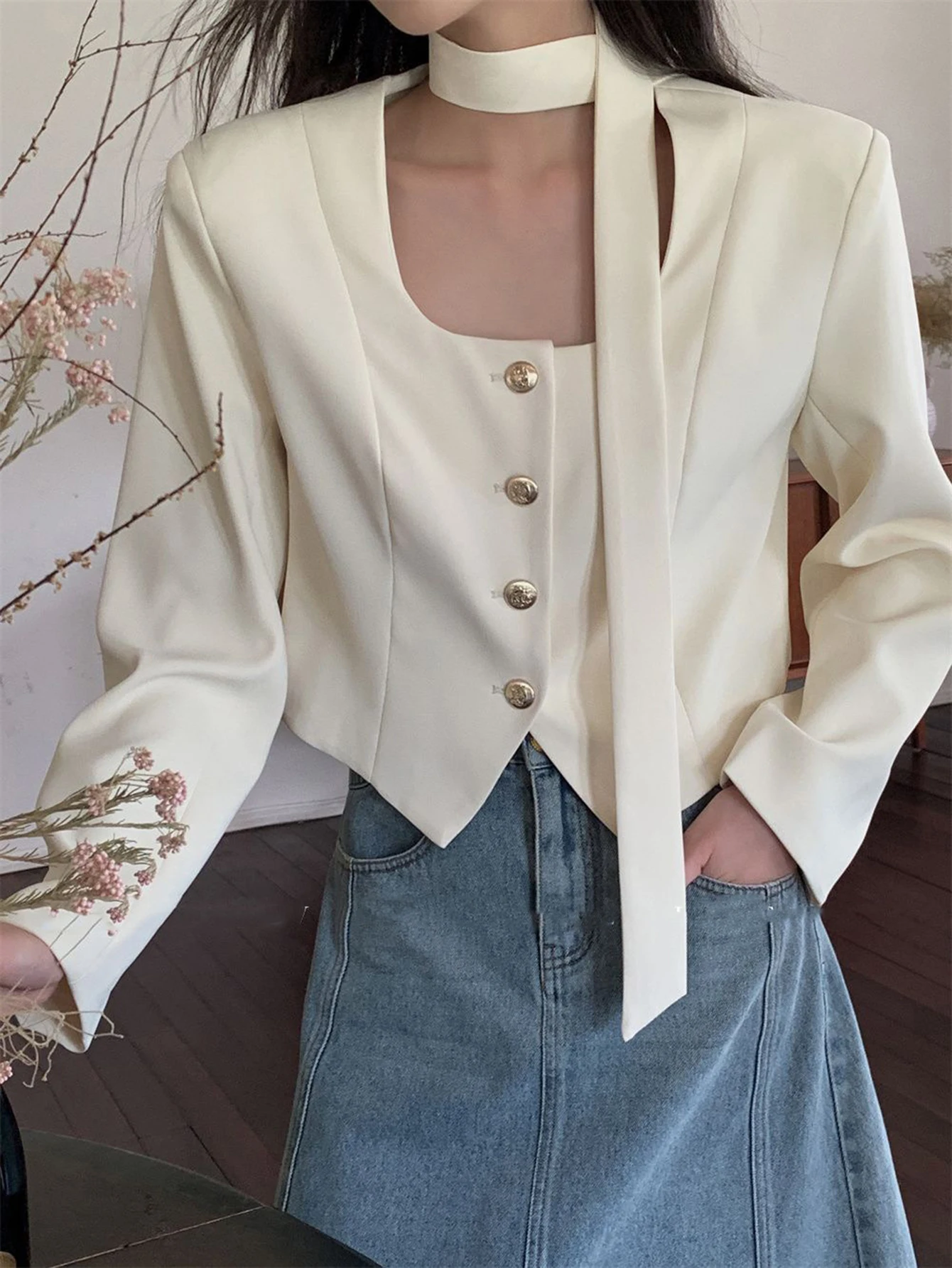 

Женский элегантный однотонный пиджак на бретелях, однобортный, на пуговицах спереди, с длинным рукавом, с круглым вырезом, повседневная модная всесезонная блузка