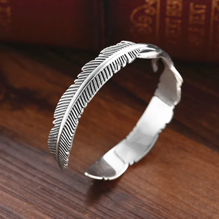 Retro Thai Silver Double Feather Bracelets 925 Sterling Silver Jewelry  Personality Leaf Creative Opening Bangles TYB126