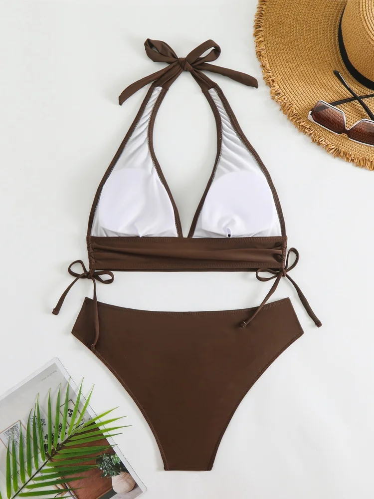 Biquíni feminino maiô 2025 novo sólido halter v pescoço biquinis conjunto sexy cintura alta banho verão beachwear maiô para o sexo feminino