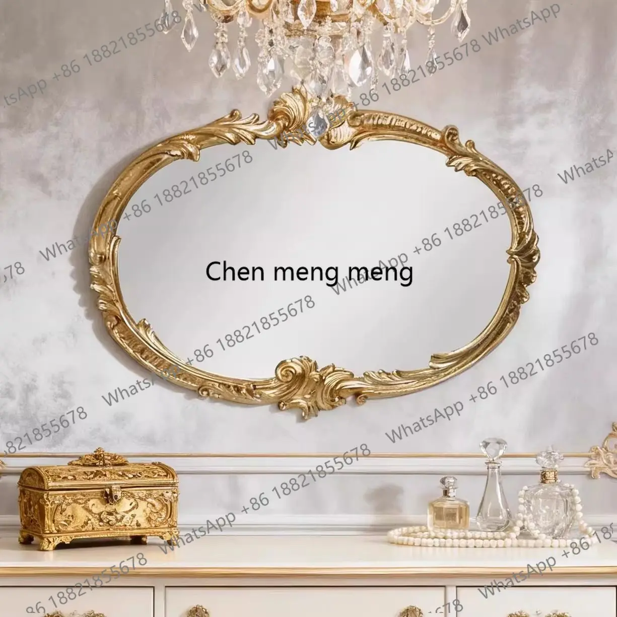 

French light luxury decorative fireplace mirror dresser makeup mirror gold frame engraving art wall-mounted wash mirror