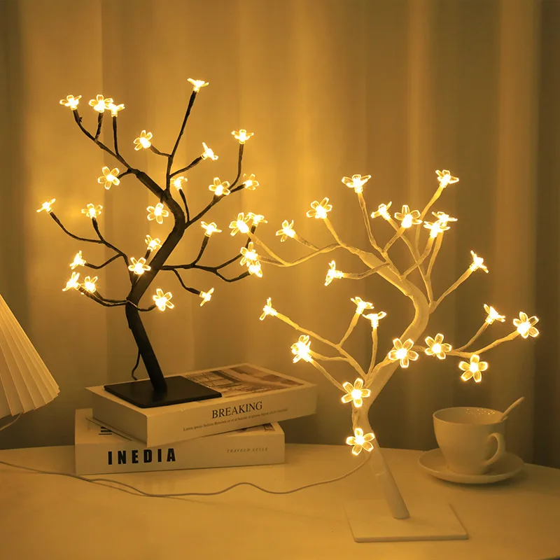 24 & 48 LED Leaf Fairy Light Flower Tree Table Lamp Rose Night Light Gifts for Wedding Party Autumn Halloween Decoration Happy