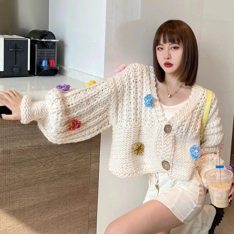 Autumn Winter  Womens Handmade Flowers Knitted Cardigan Sweater Coat