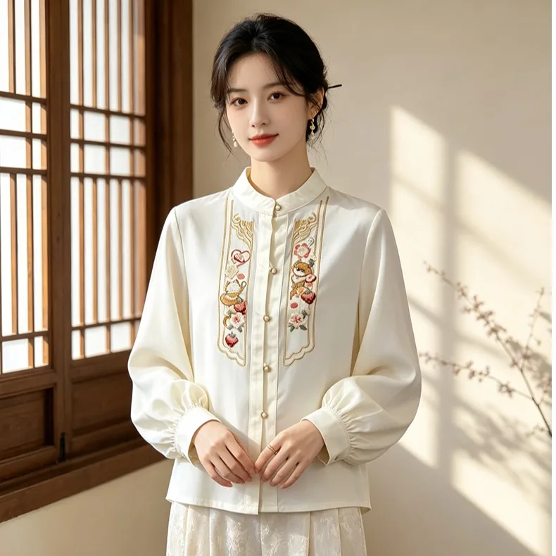 New Chinese Style Eastern Autumn Long Sleeve Embroidered Top Heavy Work Base Layer Shirt Elegant Lady National Trend