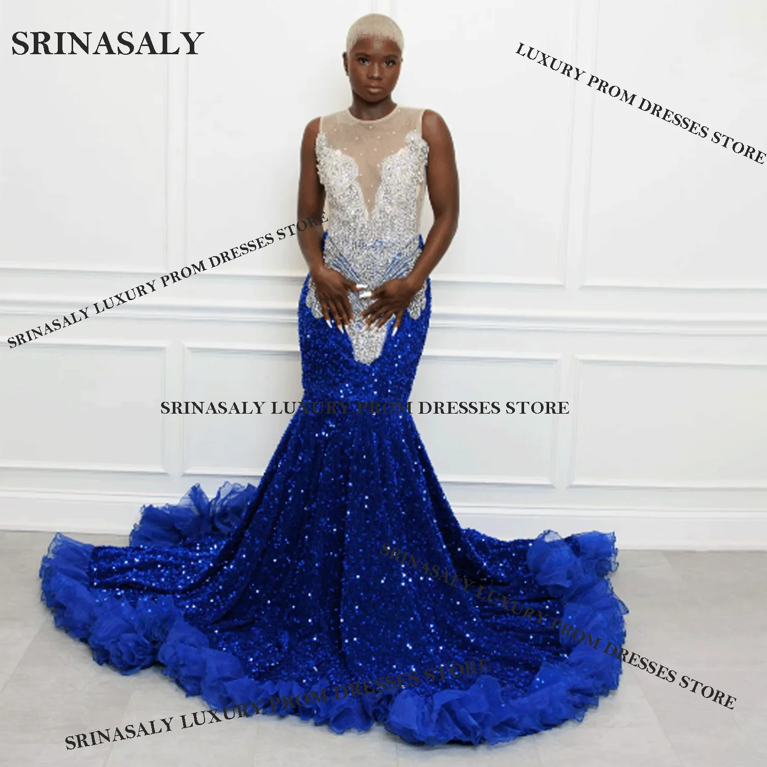 Africano brilhante aso ebi sereia vestidos de baile diamante cristais vestido de noite longo glitter lantejoulas preto menina vestido de festa de casamento