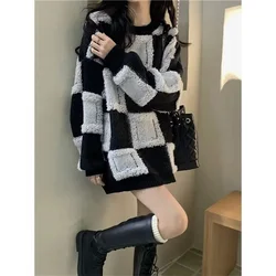 Checkered Sweater for Women in Autumn and Winter, Thickened Inner Layer, 2024 New Korean Lazy Style High-end Design Top Women