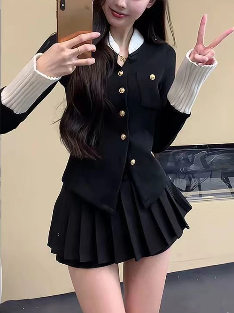 Autumn New Sexy Preppy Style 2 Piece Set Women French Rich Girl Top+High Waist Pleated Skirt Female Fashion Wear Skirt Suit