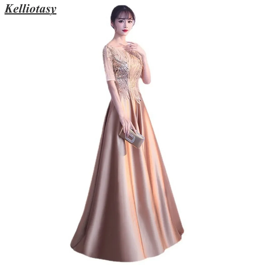 Cusotmized Silver Mother Of the Bride Dresses For Weddings Round Neck Aline Charming Lady Occasion Dress With Sleeves XXHS003