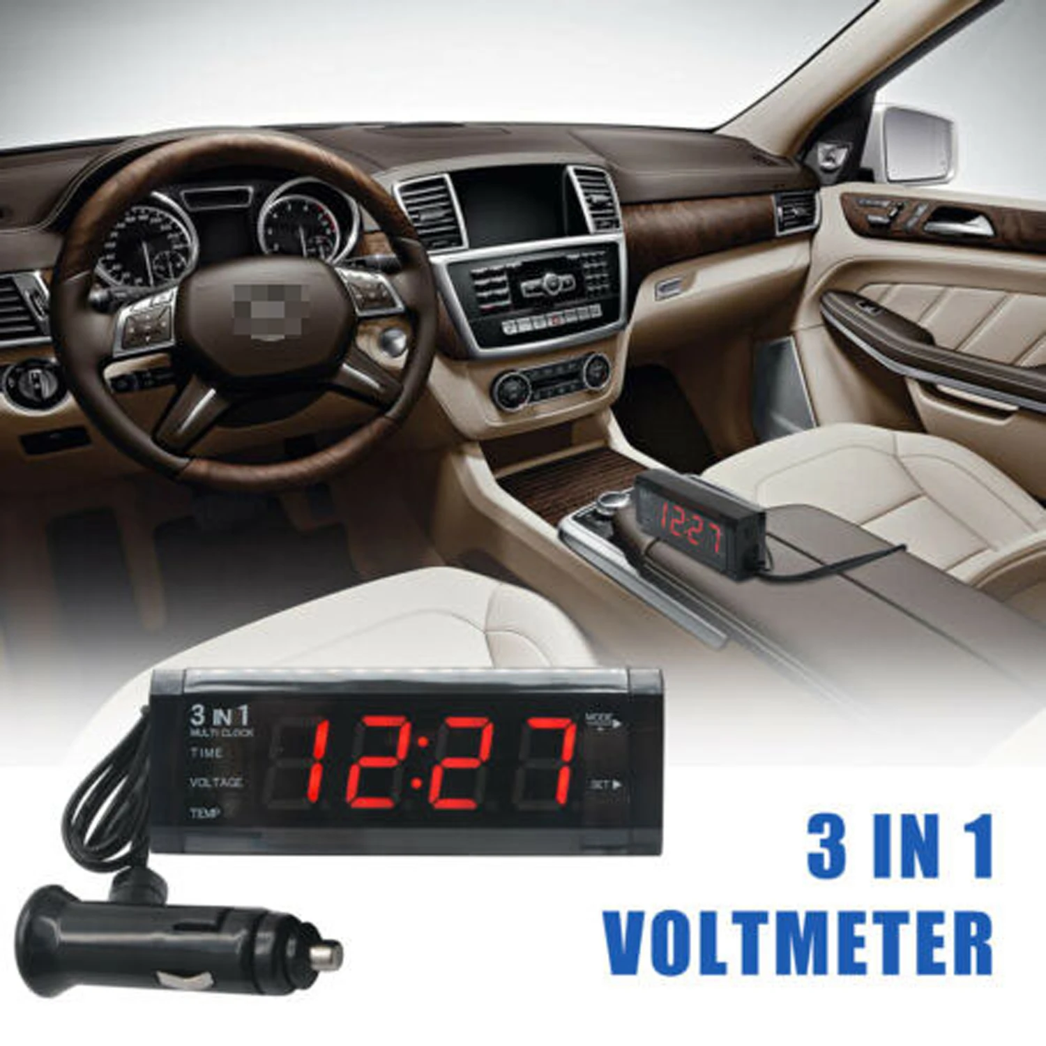 3 in 1 Car Digital Clock Thermometer Voltmeter Waterproof Temperature Probes Auto Interior Modification Car Electric Clock