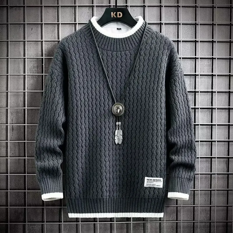 

Thiened f-High Collar Men's Knitted Sweater round Ne Loose Fit Winter Warm Casual Long Sve Diamond Pattern