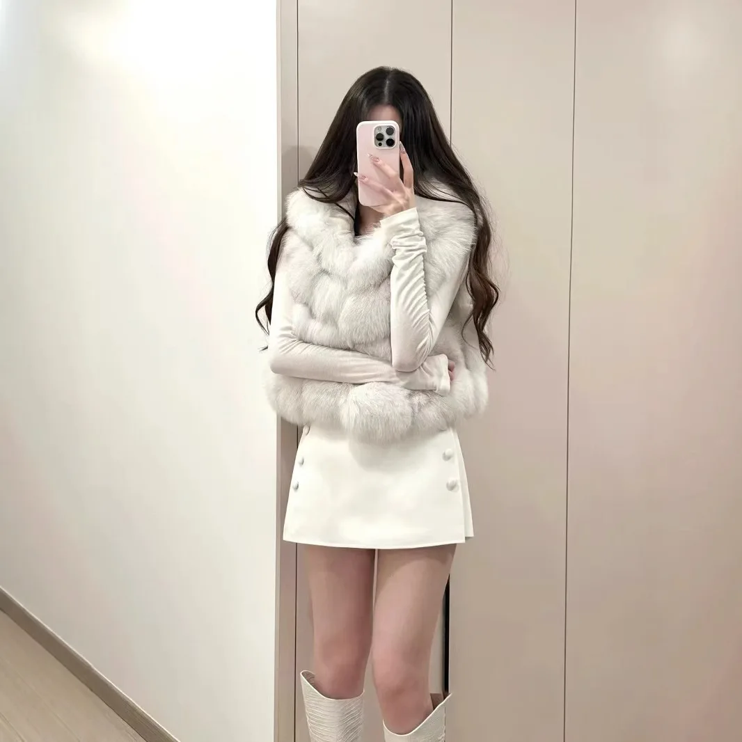 2025 Winter New Imitation Rex Rabbit Fur Vest Vest Women Western Style Totoro Pattern Environmental Protection Fur Fur Hoodie