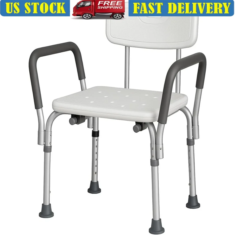 Kursi Mandi Mewah Ringan Berbahan Aluminium dengan Sandaran Tangan dan Punggung Berbantalan untuk Penyandang Disabilitas dan Lansia, Bangku Kamar Mandi dengan Ketinggian yang Dapat Disesuaikan dan Stabil