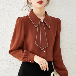 Female Spring Summer Korean Office Lady Simplicity Solid Color Women Shirts Elegant Button Chiffon Appear Thin Long Sleeve Tops