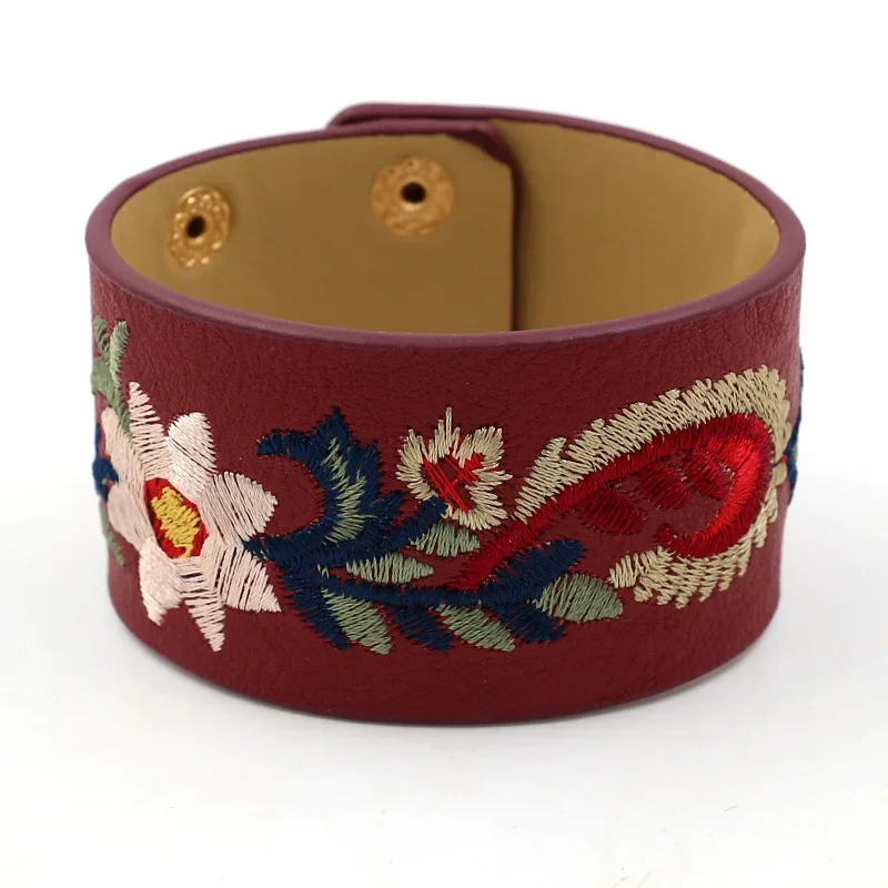 Kirykle Fashion Embroidery Flower Bracelet for Women Personality Wide Leather Bangles Punk Style Charm Bohemian Cuff Jewelry