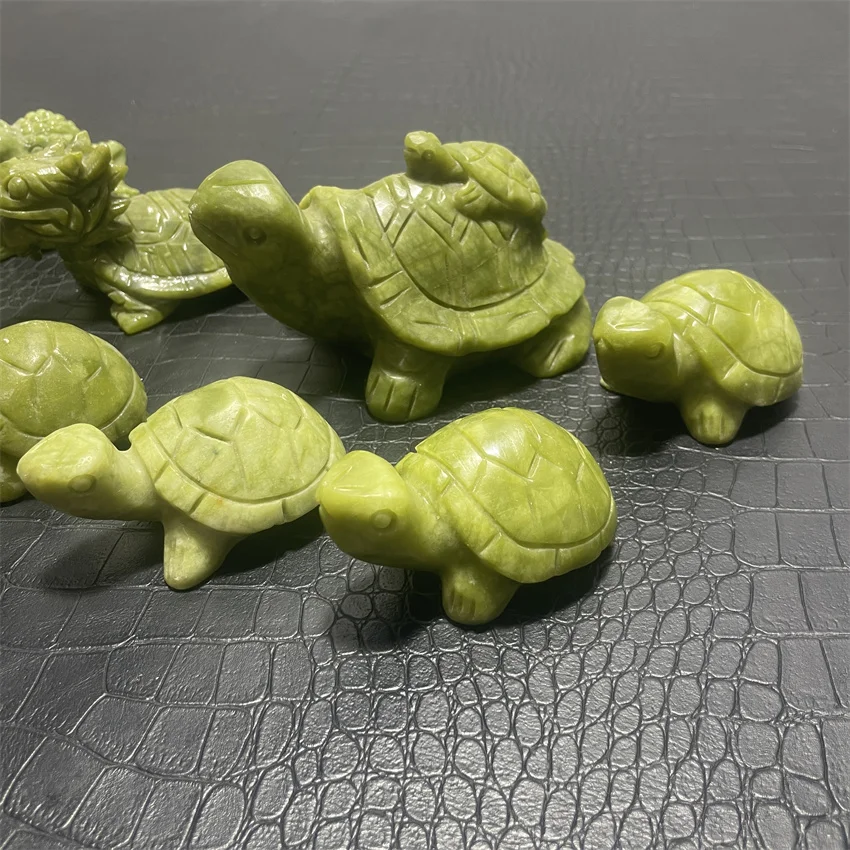 Natural Stone Hsiuyen Jade Tortoise Green Jade Turtle Fengshui Golden Money Wealth Animal Toad  Carved Craft Animal Figurine