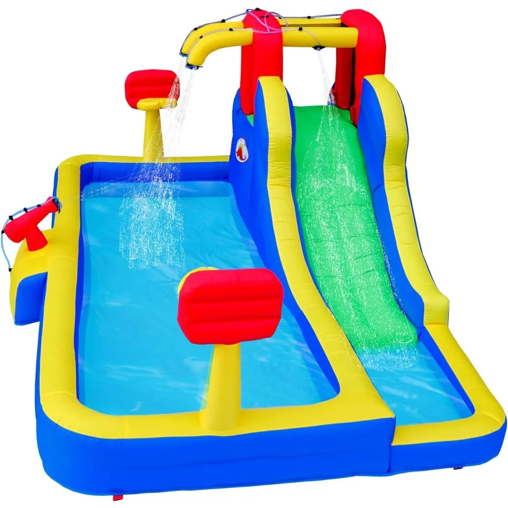 Inflatable Water Park with Blower, Slide with Water Cannon and Double Basketball Rings