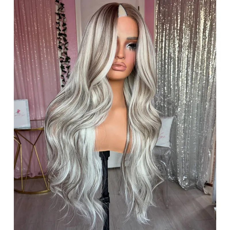 

Super Long Highlight Platinum Blonde Bayalage Human Hair Full Machine Made U Part Wigs for Black Women Glueless V Part Wigs Remy