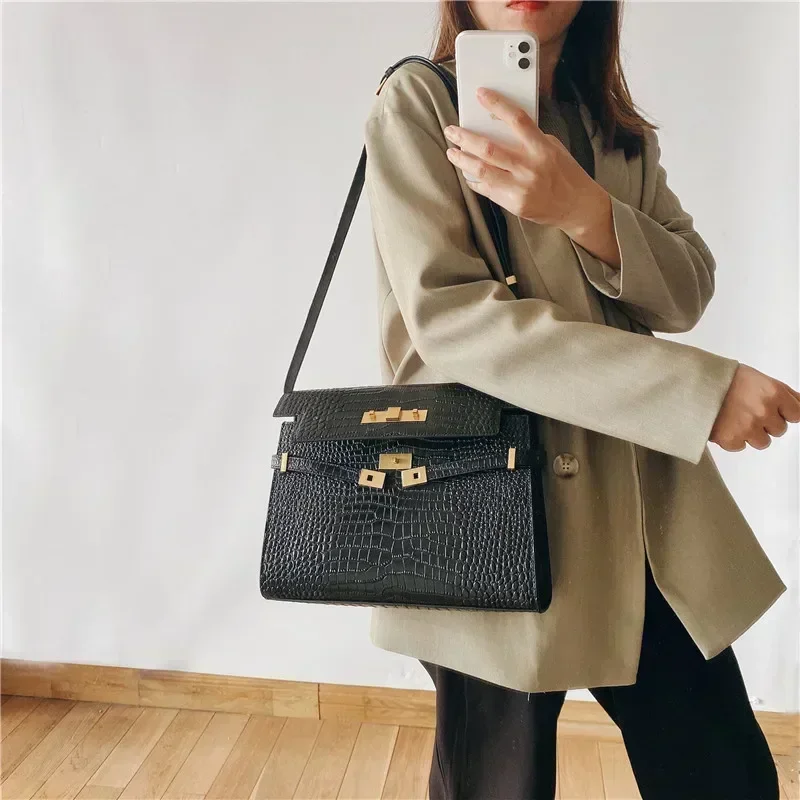 Bolso de hombro de piel auténtica para mujer, bandolera Retro de alta calidad, color negro y marrón, novedad de otoño, 2024