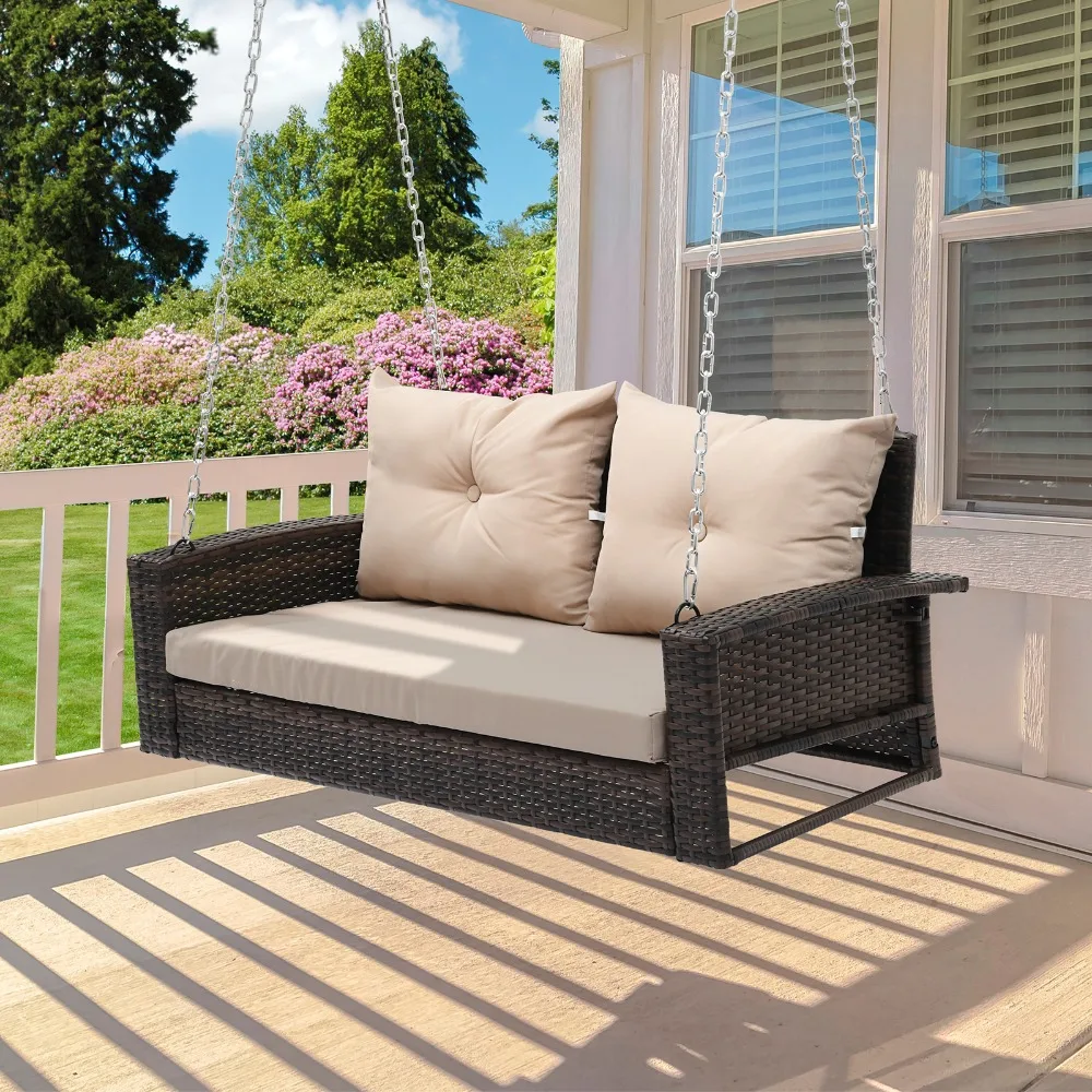 

Wicker Hanging Porch Swing Chair Outdoor Brown Rattan Patio Lounge Back Cushion