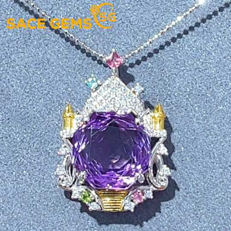 

SACE GEMS New Trend 925 Sterling Silver Raw Natual Amethyst Pendant Necklace for Women Engagement Cocktail Party Fine Jewelr