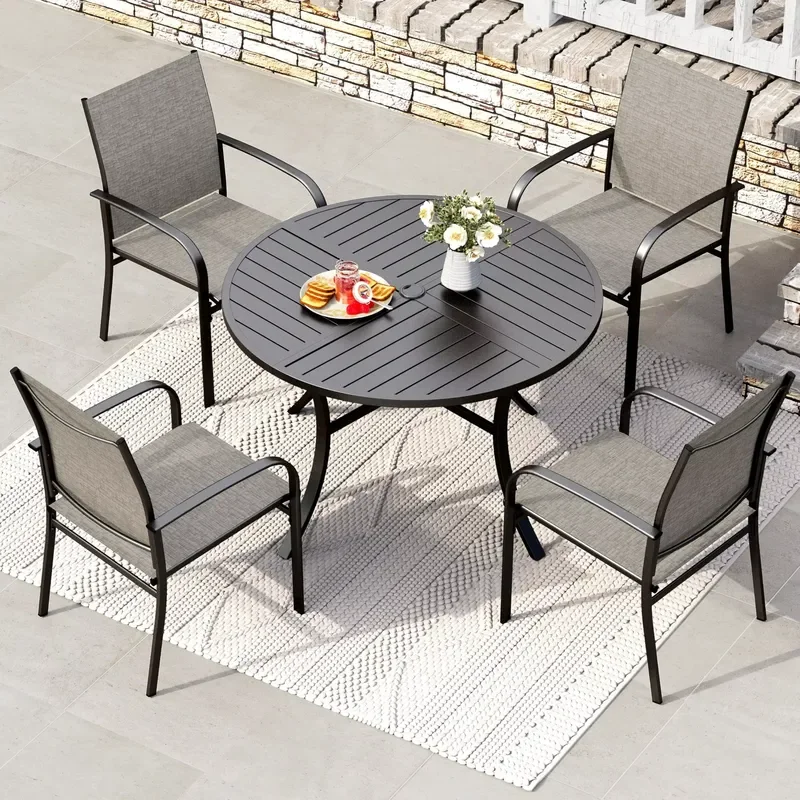 for Round Terrace Dining Table and Chair Set 5-piece Outdoor Metal Furniture  Lawn Garden Backyard Patio