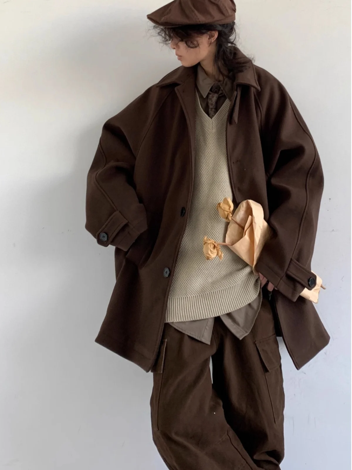 

Autumn Winter Men's Brown Heavyweight Notch Collar Woolen Coat Long Casual Versatile Loose Fit High End Feeling Outerwear