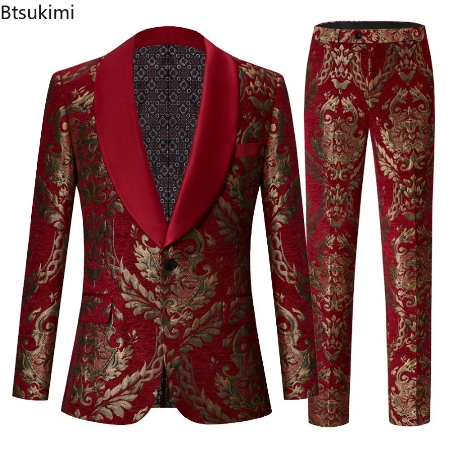 2024 Men's Claret Red Suits Groom Wedding Tuxed Business Prom Dress Tuxedo Floral Blazer Slim Fit Groomsmen Party Costume Homme